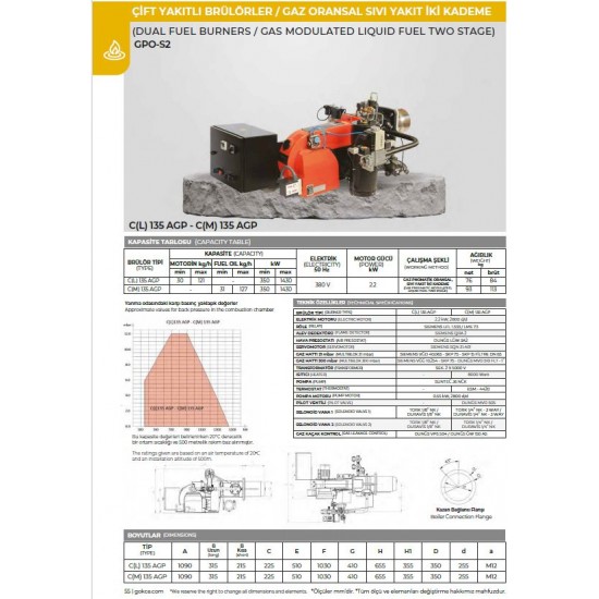 BRÜLÖR C (L) 135 AGP GPO-S2 (GAZ PNM. ORS./SIVI YAKIT İKİ KADEME) MONOBLOK DOĞALGAZ-MOTORİN 350-1430 21 mbar