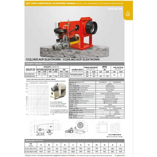 BRÜLÖR CC (M) 803 AGP GEO-SEO (GAZ ELK. ORS. /SIVI ELK. ORS.)  DUOBLOK DOĞALGAZ-FUEL OİL 3700-12500 kW 300 mbar