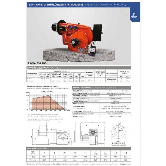 BRÜLÖR T 200 İKİ KADEME MONOBLOK MOTORİN 700-2360 kW