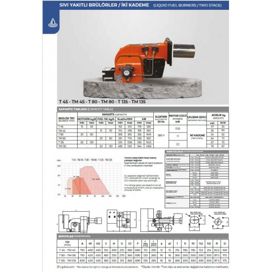 BRÜLÖR T 80 İKİ KADEME MONOBLOK MOTORİN 350-940 kW
