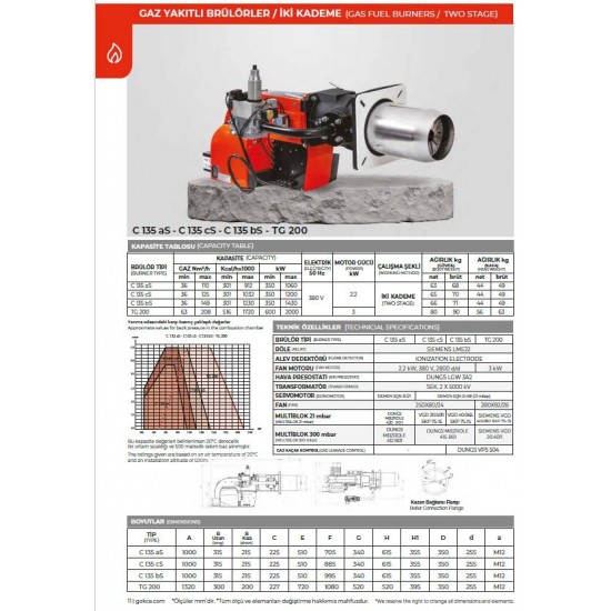 BRÜLÖR TG 200 İKİ KADEME MONOBLOK DOĞALGAZ 600-2000 kW 21 mbar