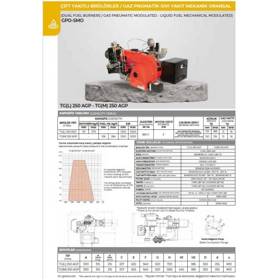 BRÜLÖR TG (M) 250 AGP GPO-SMO (GAZ PNM. ORS. /SIVI MEK. ORS.)  MONOBLOK DOĞALGAZ-FUEL OİL 1200-3200 kW 300 mbar
